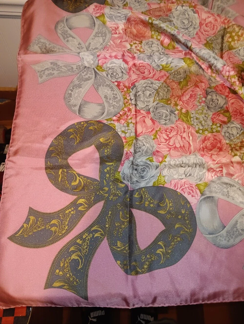 Christian Dior Vintage Flower Bow Pink Silk Scarf